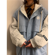 羊羔毛衣男冬季加绒加厚插肩袖宽松连帽服拼接设计感袄外套，男装棉衣，星座302B-2