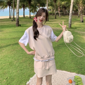 粉色假两件设计感拼接t恤套装裙女夏季新款减龄显瘦半身裙两件套图片