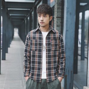 2021外景日系春季新大码男休闲翻领格子宽松纽扣衬衫C501-P45图片