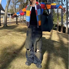 黑男美式复古水洗做旧宽松牛仔裤高街破洞直筒阔腿裤毛边拖地裤子，男装牛仔裤，星座601-2