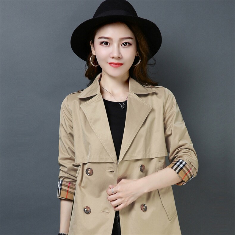 春秋新款韩版优雅基础百搭中长款风衣气质纯色双排扣外套，女装风衣，依倍林