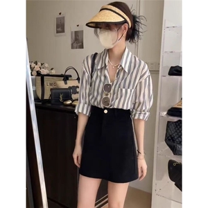 港风复古慵懒条纹衬衫女通勤薄款防晒上衣夏款韩系简约百搭衬衣女图片
