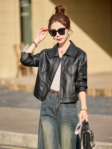 显瘦修身翻领PU皮衣外套女2025新款春秋短款超好看机车服夹克图片
