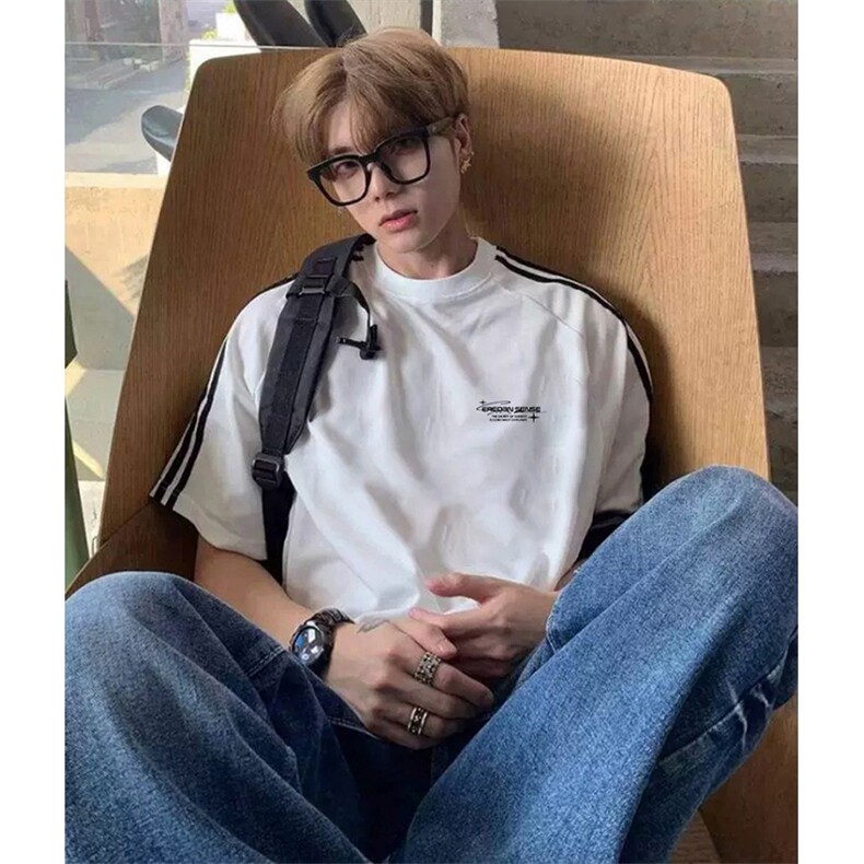 抖音得物高品质二开240克宽松纯棉美式潮牌三条杠织带短袖T恤，男装T恤，电商A486-1