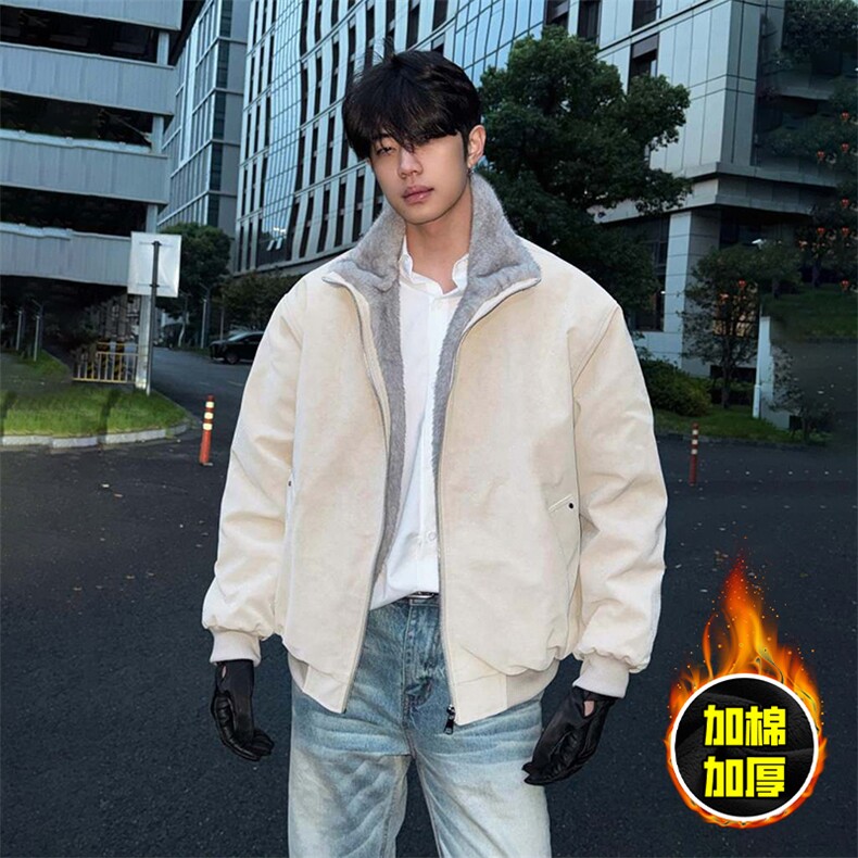 现货高品质美式高街重磅座山雕毛毛立领pu麂皮棉衣男女加厚外套冬，男装棉衣，电商A486-1