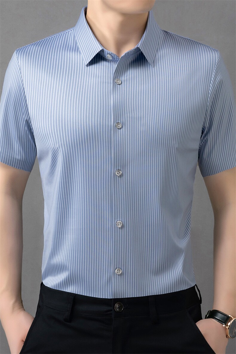 新款男士休闲短袖衬衫男细条纹免烫时尚品质商务宽松潮服上衣,男装衬衫,钱塘6003（原4033）