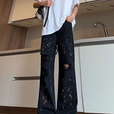 泼墨破洞牛仔裤男款秋季潮牌痞帅炸街裤子美式高街直筒微喇裤，男装牛仔裤，星座302B