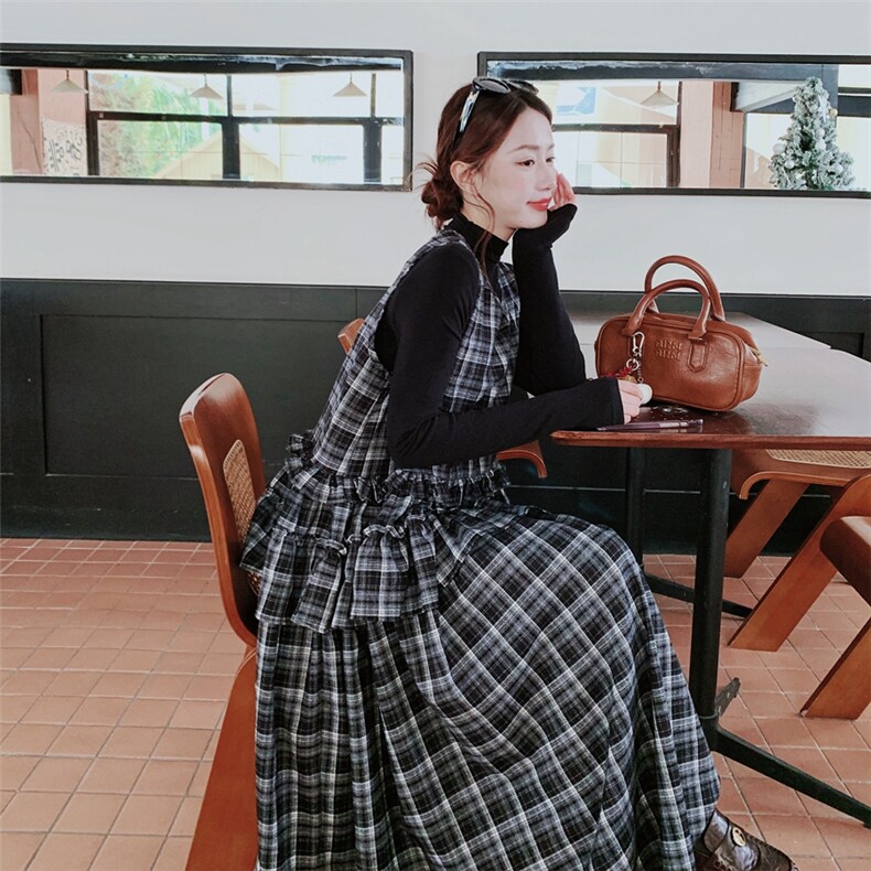 【新款】黑白格子背心裙打底衫两件套2C137-8285-P195-K318,女装连衣裙,2C137