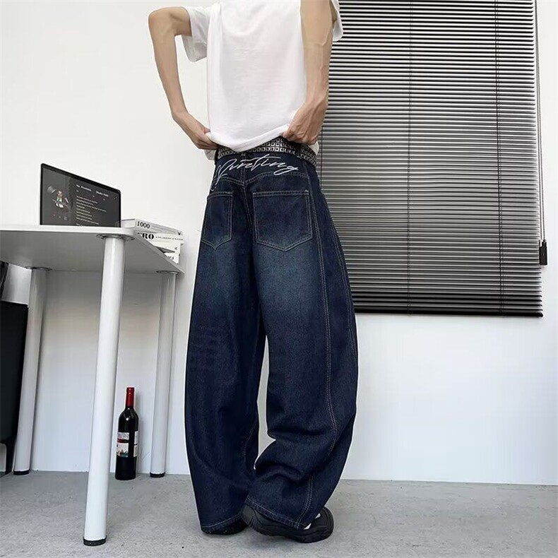 美式复古字母刺绣弯刀牛仔裤男女款夏季宽松休闲潮牌解构阔腿长裤,男装牛仔裤,星座601-1