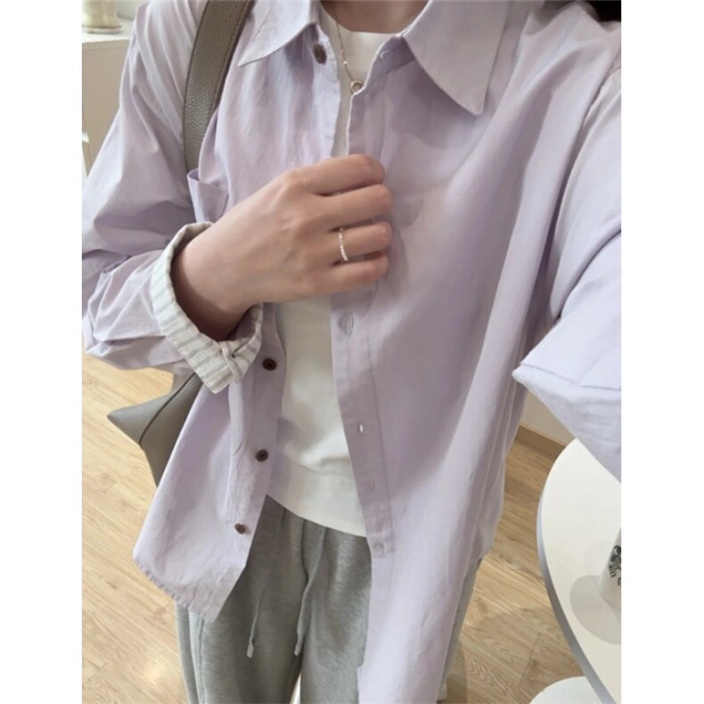 设计感紫色拼接条纹衬衫外薄款套女春夏外搭防晒开衫衬衣 C2598图片