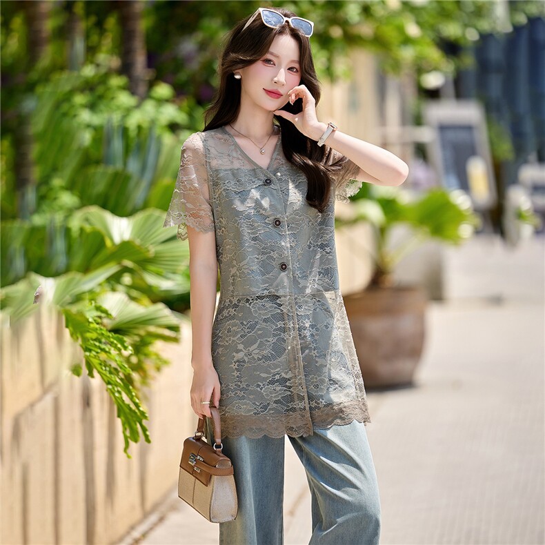 衫蕾丝拼接牛仔2件套女2026夏新显瘦蕾丝牛仔衬衫阔腿裤时尚套装,女装套装/套裙,意芙