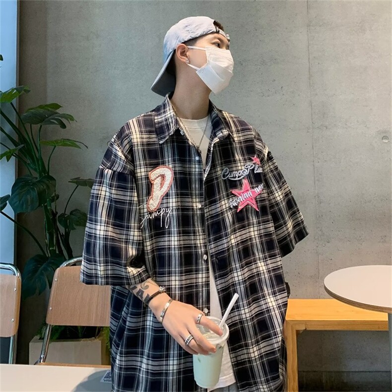美式复古刺绣格子衬衫短袖男夏季情侣宽松休闲小众上衣CS511-p35图片