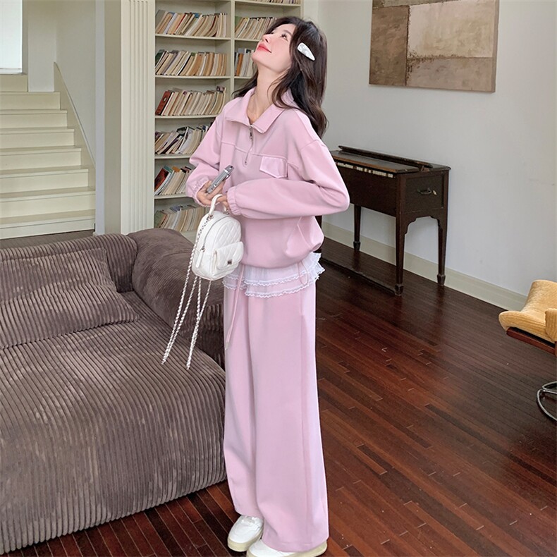 【现货】2026秋装蕾丝花边粉色运动套装2C056-6886-P165控228,女装套装/套裙,2C056