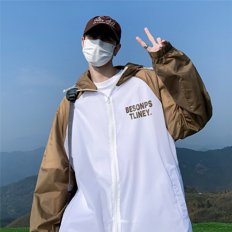 港风夏季新款宽松插肩袖拼色防晒服UPF50+情侣F148P65控88,男装防晒衣,电商A247