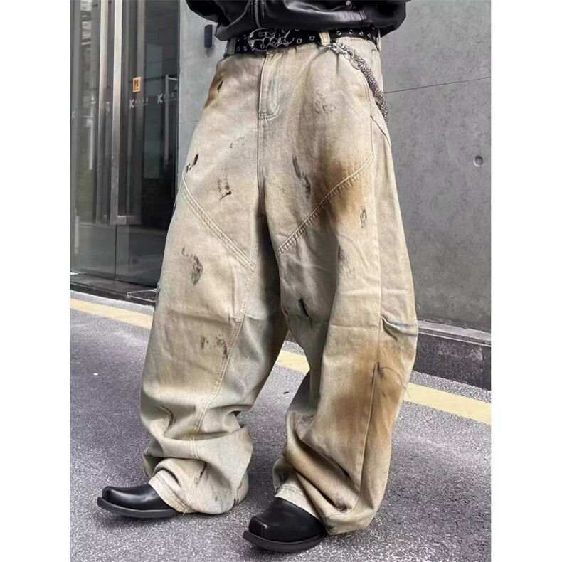 美式复古黄泥染脏洗阔腿牛仔裤男女水洗做旧宽松弯刀裤LQ533-P60图片