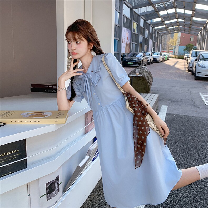 减龄娃娃领蓝色连衣裙女夏2025新款韩系chic别致穿搭气质感学院风图片