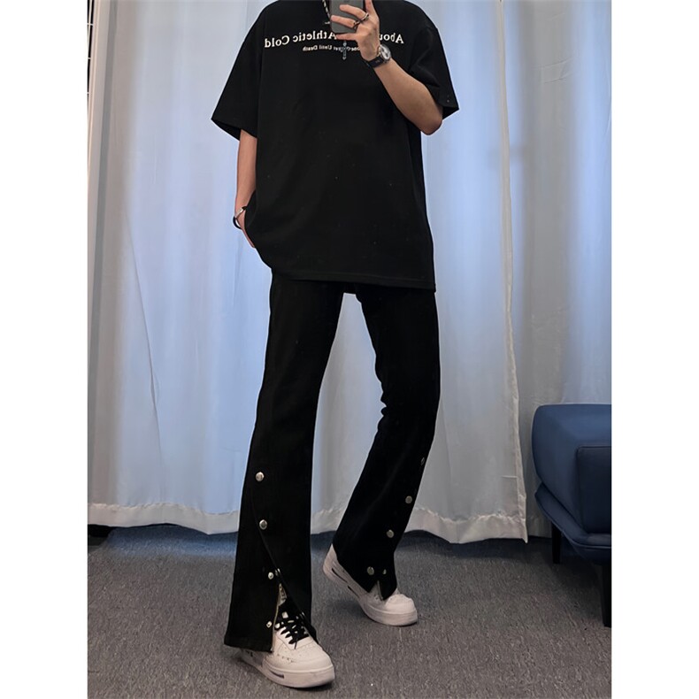 高街美式排扣牛仔裤拉链设计感直筒牛仔裤图片