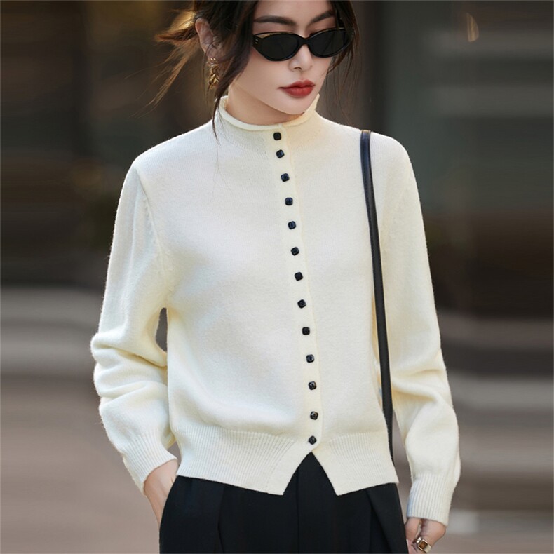 老钱风半高领毛针织开衫女高级灰百搭显瘦加厚打底毛衣外套2025新，女装针织衫/毛衣，菲奥羊绒