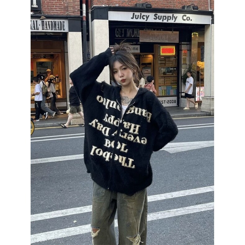 美式复古高街破洞连帽针织衫毛衣外套秋冬开衫字母外套ZY106P38,男装针织衫/毛衣,星座1112-1