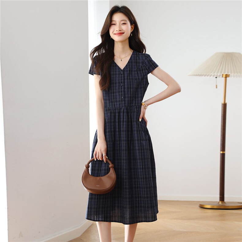 纯棉格子连衣裙女夏季2025新款大码宽松胖MM遮肚显瘦气质减龄裙子,女装连衣裙,依恋蒂丝