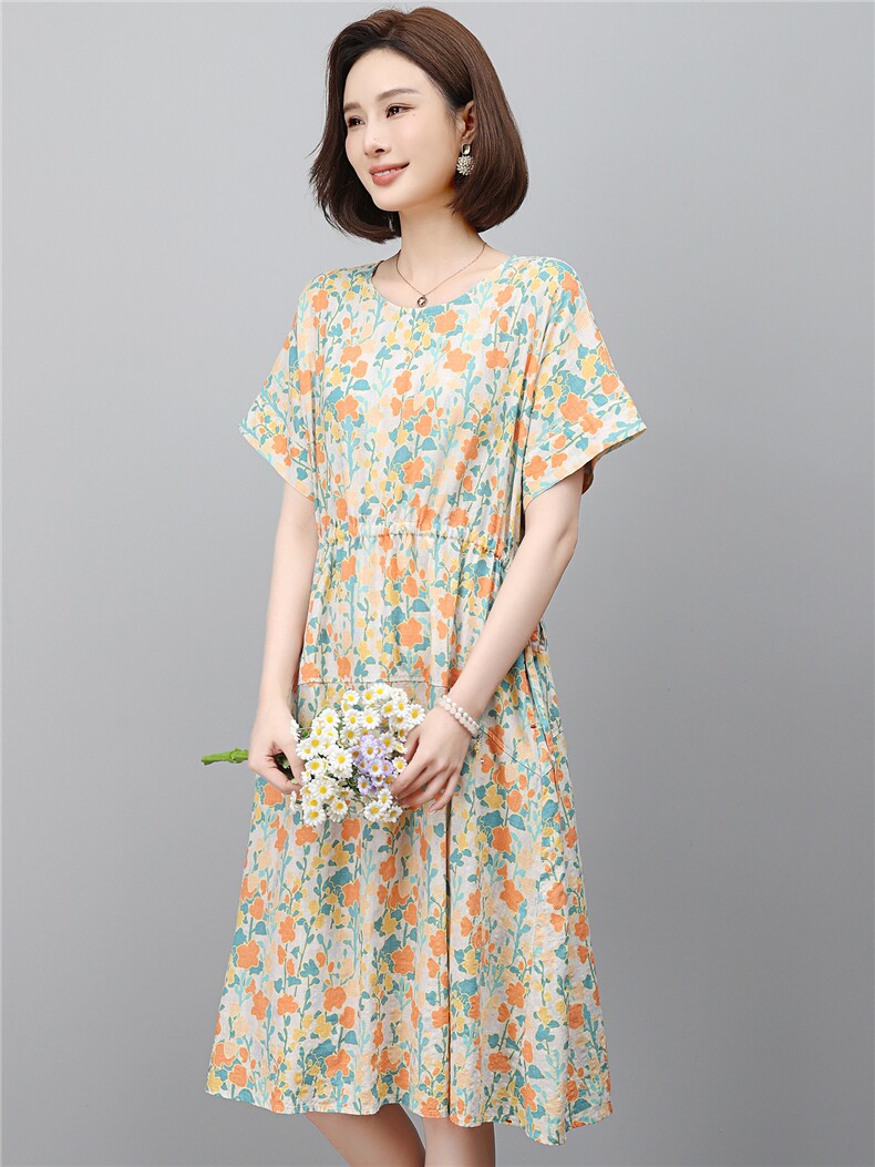 新款连衣裙女2026年夏季收腰宽松显瘦气质中长裙高端减龄休闲印花,女装连衣裙,江忆布依
