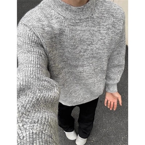 复古灰色正肩毛衣男款冬季圆领套头内搭打底针织衫 MY501图片