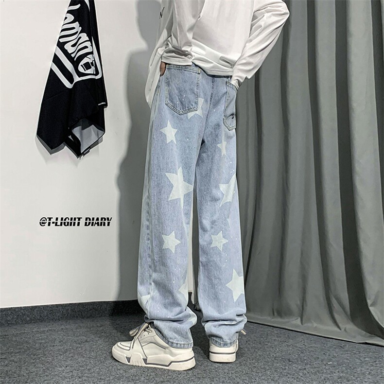 B221 美式ins高街小众五角星喷墨直筒牛仔裤 LK23014-P60 控78图片