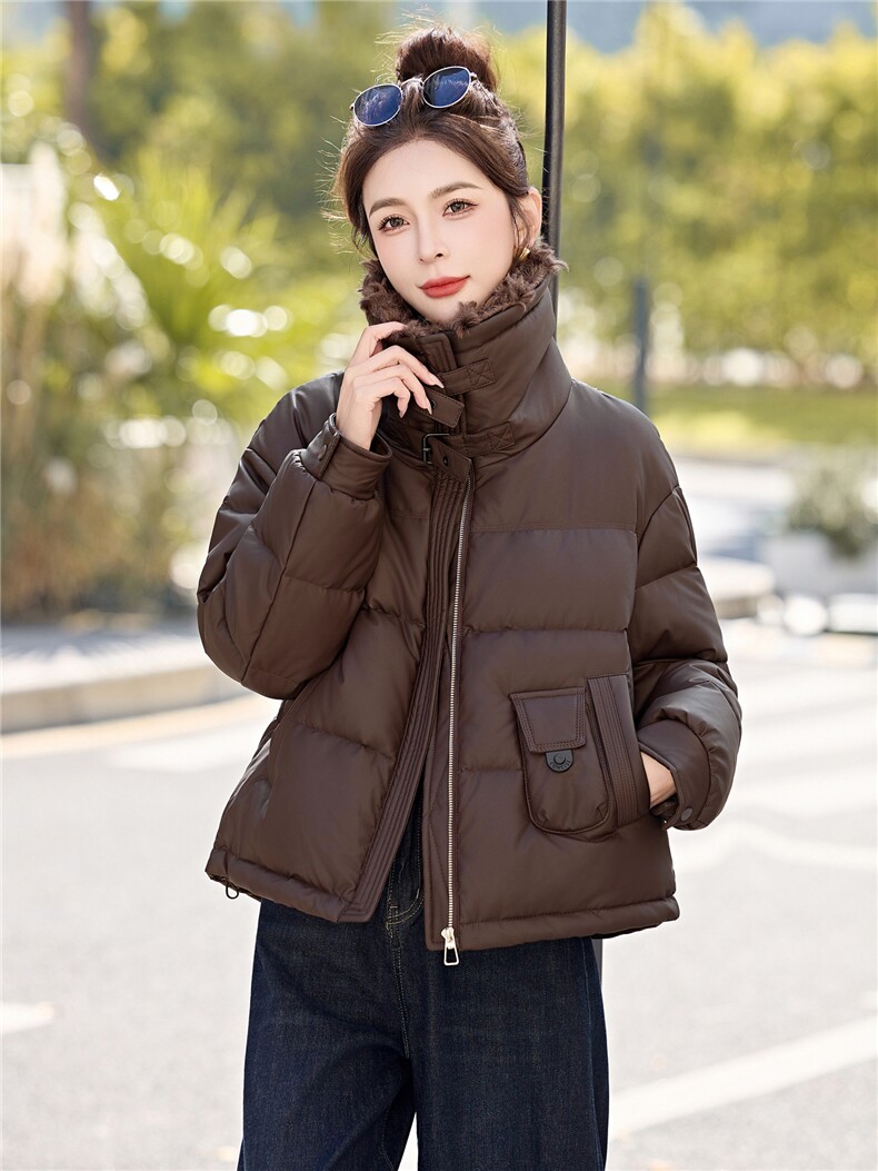 蛋白皮羽绒服女短款2025冬季加厚毛领宽松显瘦pu皮衣短外套百搭女,女装羽绒服,意芙