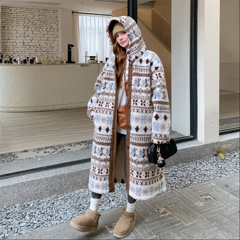 碎花撞色长款保暖皮毛一体连帽外套大衣-190-5081-P215K298,女装毛呢外套,2B190