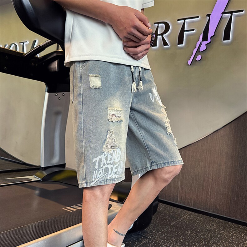2025新款水洗牛仔短裤男士破洞印花休闲夏季五分裤男901N02P38,男装牛仔裤,星座901