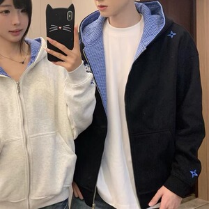 美式冬宽松格子拼接刺绣开衫拉链卫衣休闲夹克外套男女WB592-P57图片