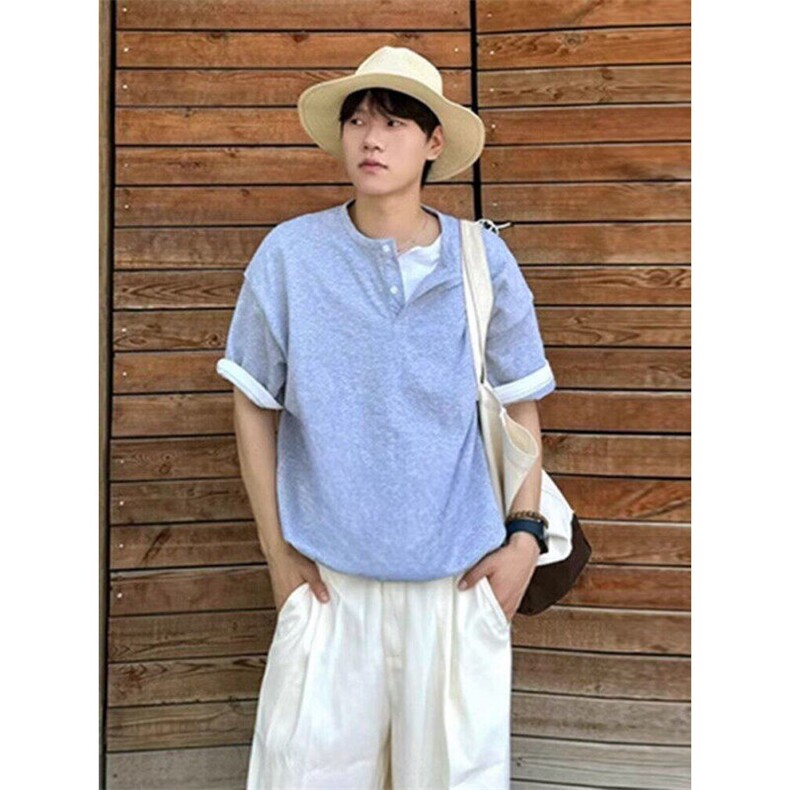 花灰色假两件针织t恤男夏季纯棉日系亨利领polo短袖cleanfit半袖,男装T恤,星座1506