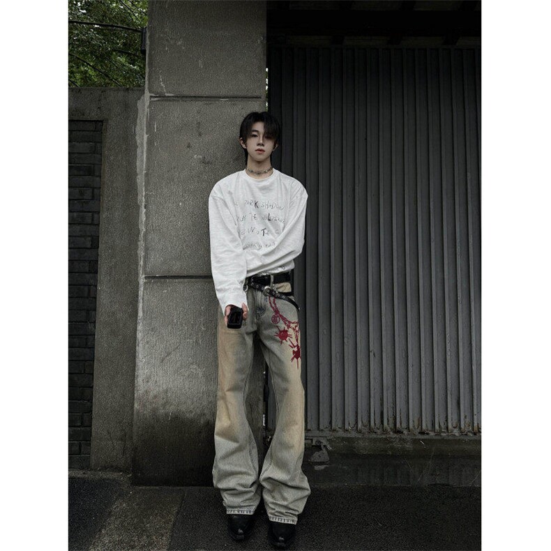 【有货】NG51LL-特P45 水洗做旧红链条牛仔裤男美式高街裤子图片