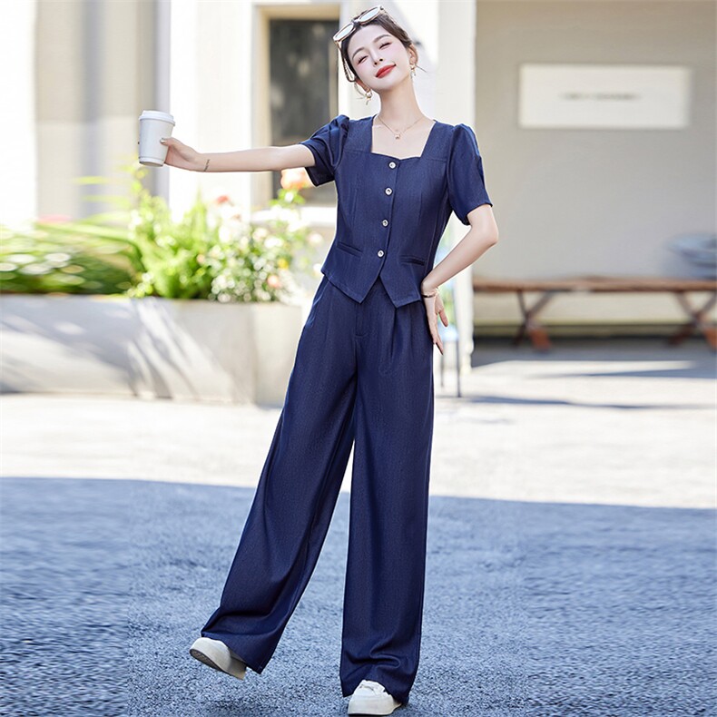 天丝牛仔休闲套装女2025夏新款气质方领短袖上衣高腰阔腿裤两件套,女装套装/套裙,众宇琦