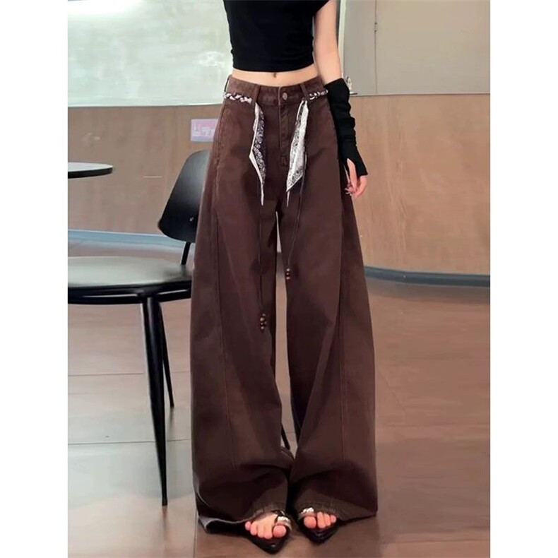 美式复古巧克力色阔腿休闲裤女秋季新款松弛感高腰宽松显瘦直筒裤图片