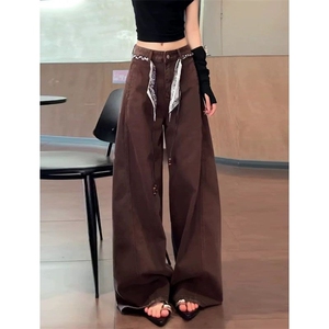 美式复古巧克力色阔腿休闲裤女秋季新款松弛感高腰宽松显瘦直筒裤图片
