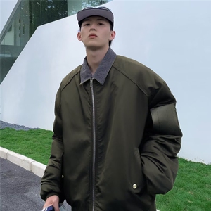 小众拼接设计感翻领棉服外套男宽松冬季加厚pu飞行棒球服 J8212图片