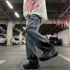 牛仔裤男阔腿拖地裤潮牌ins高街宽松港风直筒裤子N0218-P45，男装牛仔裤，星座308B-1
