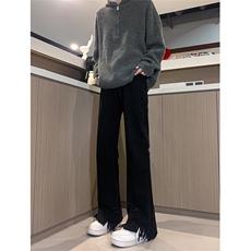 春夏黄泥美式vibe裤高街黑色破洞微喇直筒毛边牛仔裤男K890-P55，男装牛仔裤，星座205