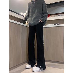春夏 黄泥美式vibe裤高街黑色破洞微喇直筒毛边牛仔裤男 K890-P55图片