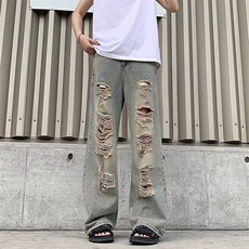 高街做旧废土色破洞牛仔裤男女复古小众直筒乞丐长裤RK3111-P42，男装牛仔裤，星座412-1