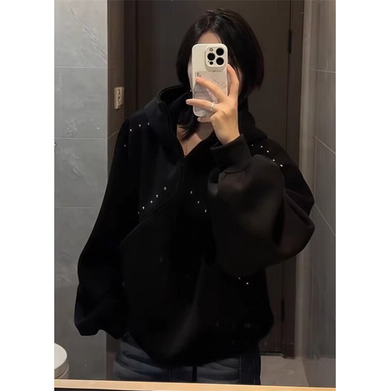 【004】连帽开衫卫衣男铆钉设计感廓形正肩外套A079-A03-P50,女装短外套,电商A079