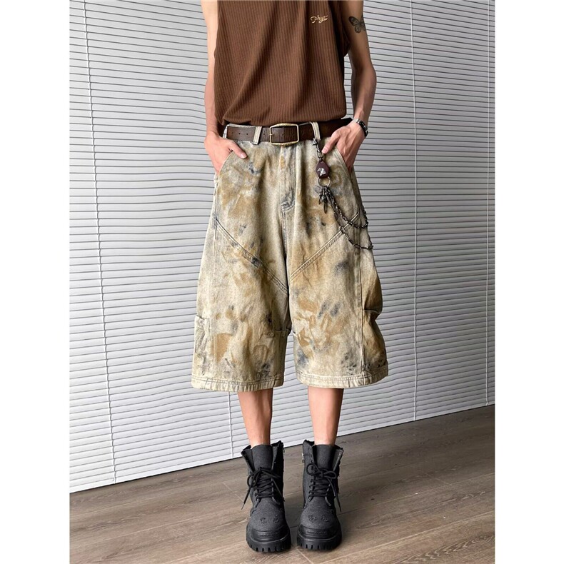 废土风水洗脏染牛仔裤男设计感小众阔腿七分裤子4115P49，男装牛仔裤，星座410-2