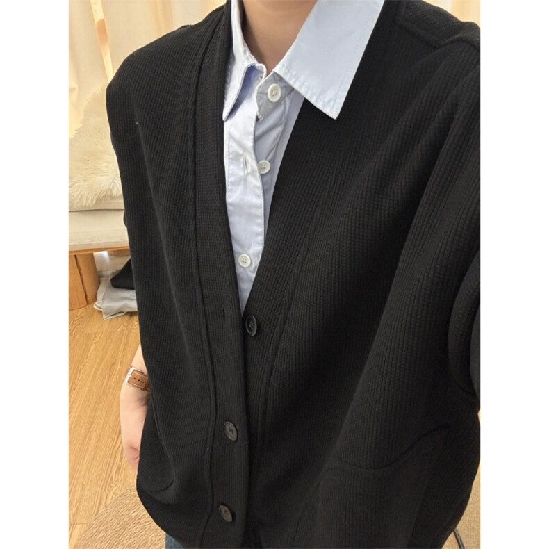黑色华夫格v领开衫外套男秋春慵懒风松弛感无帽卫衣美式复古夹克图片