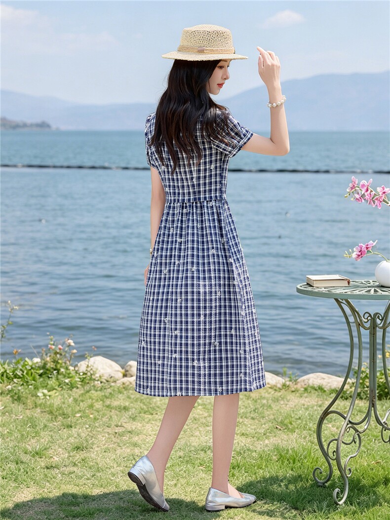 夏季格纹绣花收腰显瘦学院风优雅气质连衣裙（细节图颜色为准）,女装连衣裙,水衣源