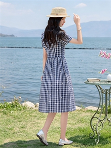 夏季格纹绣花收腰显瘦学院风优雅气质连衣裙（细节图颜色为准）图片