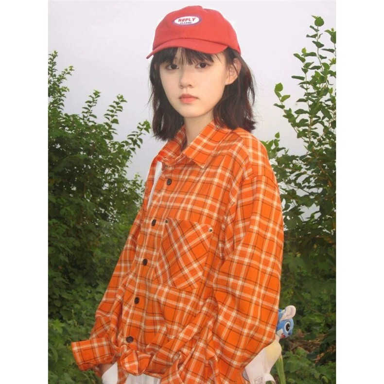 美式复古橙色格子衬衫女秋季撞色拼接格纹长袖衬衣高级感宽松上衣,男装衬衫,星座1210-1