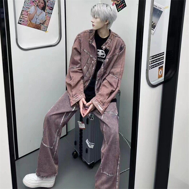 （图）多巴胺粉色刷漆褶皱夹克牛仔裤套装2628-P150,男装牛仔裤,星座910-5