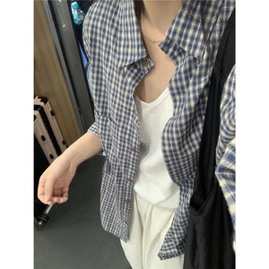 小众韩系蓝色格子长袖衬衫2025春夏秋季新款宽松慵懒百搭衬衣图片