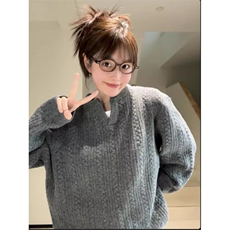 美式复古麻花设计感毛衣男女情侣慵懒高级感亨利领宽松套头针织衫，男装针织衫/毛衣，星座506A